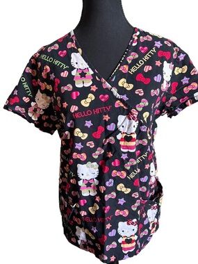 Hello Kitty Black Short Sleeve Printed Pajama Top with Multicolor Accents